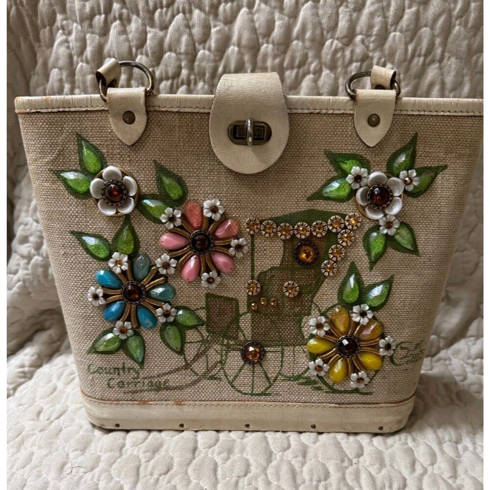 Vintage Collins of Texas Country Carriage Jeweled Canvas Handbag Purse Floral